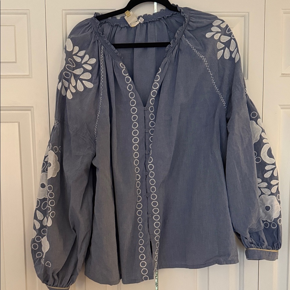 Seen, Wore, Kept Blouse- purchased at Anthropologie. Women's Blue Floral Top